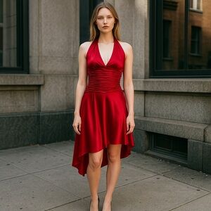 Cache Red Silk Halter High-Low Dress in Size 6